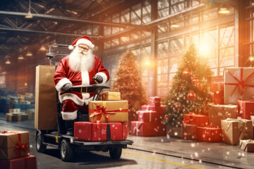 Christmas gift delivery santa clause in warehouse - obrazy, fototapety, plakaty
