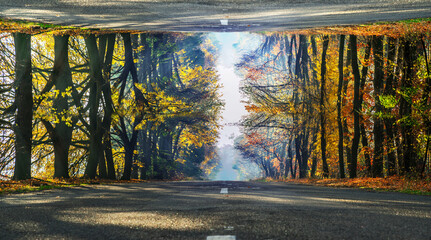 Futuristic picture of rural autumn road. The road looks like reflected in the sky.