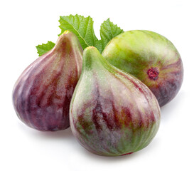 Fig fruits with fig leaves isolated on white background.