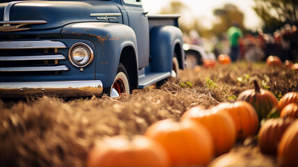 A pumpkin patch with a vintage pickup truck, pumpkin patch, bokeh - obrazy, fototapety, plakaty