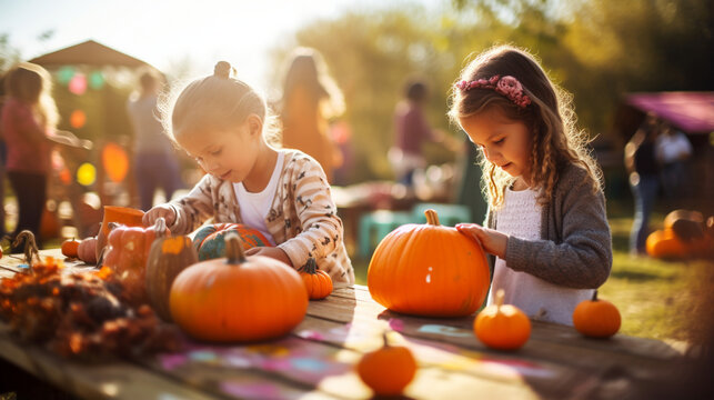 Children painting pumpkins at a picnic table, pumpkin patch, bokeh