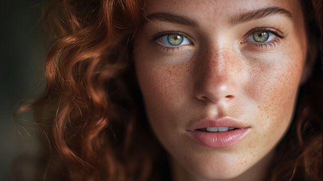 Close up of natural, fresh, no mke up, healthy skin complection of a young woman, 20s, red hair, freckles and green eyes. Natural cosmetics and skin care concept. 