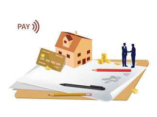 Home insurance, purchase and sale, mortgage, rental home agreement with payment by bank card. Blank sheet, house, bank card, coins, house keys, office supplies, two people silhouettes shaking hands.