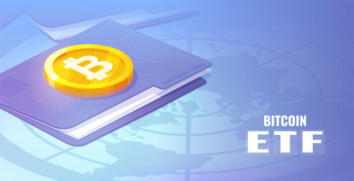 Bitcoin ETF, Exchange traded fund and cryptocurrencies isometric concept. Bitcoin gold coin on the securities folder.