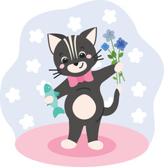 Cat with a bouquet and fish