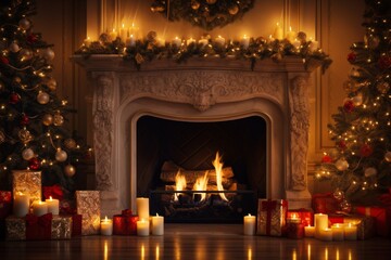 Cozy Christmas fireplace with candles. AI generated