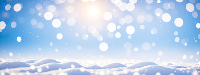 Fototapeta na wymiar Christmas Winter banner background. Winter snow background with snowdrifts, with beautiful light and snow flakes on the blue sky, beautiful bokeh circles, copy space. Generative AI