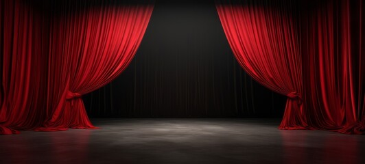 Empty 3d room background illustration - Theater stage with black red velvet curtains