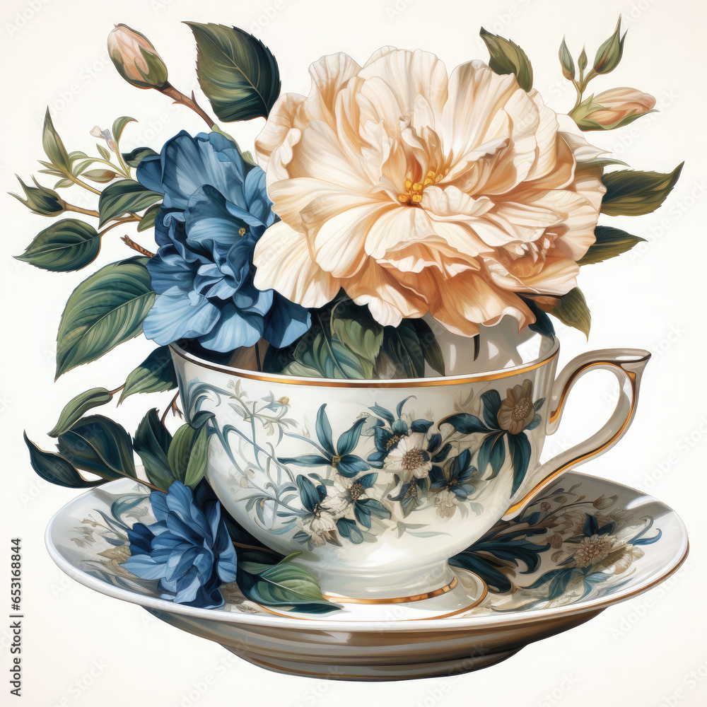 Wall mural Watercolor teacup with flowers Illustration, Generative Ai