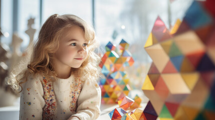 Girl looking at a set of geometric building blocks, with mathematical figures learning shapes and basic physics and science