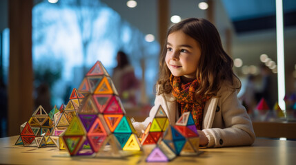 Girl looking at a set of geometric building blocks, with mathematical figures learning shapes and basic physics and science