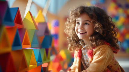 Girl looking at a set of geometric building blocks, with mathematical figures learning shapes and basic physics and science