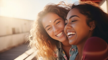Two interracial best friends laughing and having a good time together in morning sun light - obrazy, fototapety, plakaty