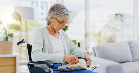 Senior woman, book and reading to relax in living room for story, novel and knowledge. Elderly...