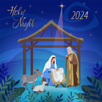 Nativity scene, Holy Night, 2024.Nativity, holy family, manger ,donkey and sheep in the night .vector illustration