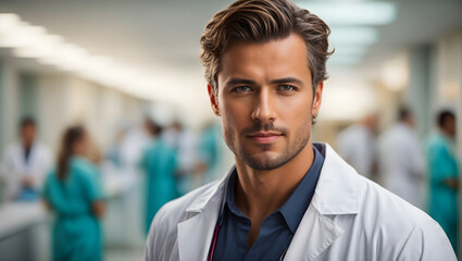 A professional and empathetic male doctor, his white medical coat standing out against the blurred hospital backdrop, symbolizing excellence in healthcare - obrazy, fototapety, plakaty