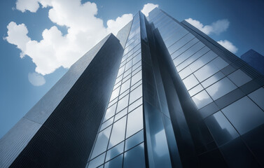 Reflective skyscrapers, business office buildings. Low angle photography of glass curtain wall details of high-rise buildings. Window glass reflects blue sky and white clouds. Generative AI