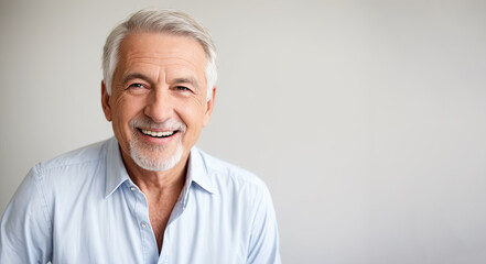 Beautiful gorgeous 50 60 years old, beautiful elderly senior model man with grey hair laughing and smiling. Mature old grandfather close up portrait. happy healthy active old age. Generative AI