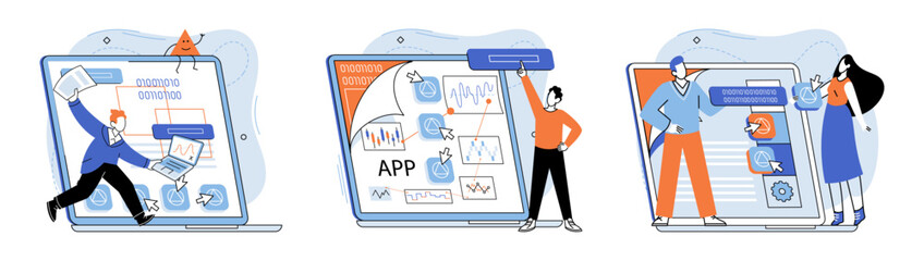 Application testing metaphor. Vector illustration. App test, rehearsal stage before actual performance Software testing, gatekeeper ensuring no bugs pass quality threshold Application testing