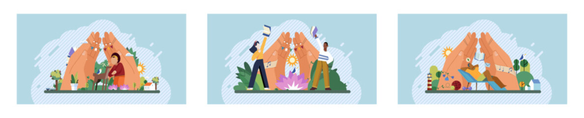 Wellbeing metaphor. Vector illustration. Wellbeing at work, elixir for high performance Support of professional growth, ladder to professional fulfillment Support insurance, umbrellthat shields