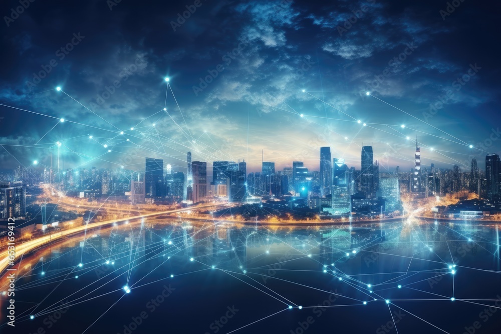 Poster concept of smart city with connection lines over cityscape at night, double exposure of cityscape an