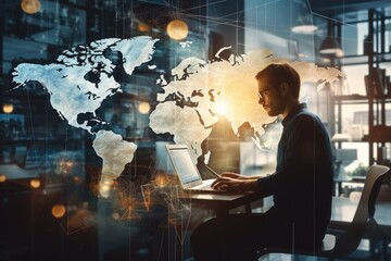 Businessman using laptop in office with double exposure of world map. Toned image, Double exposure of businessman working on laptop computer in modern office with double , AI Generated