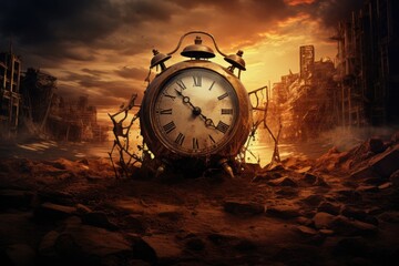 Time is running out of time. Abandoned city at sunset, end of time, AI Generated - obrazy, fototapety, plakaty