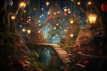 Fantasy landscape with magic tree and old books. 3D rendering, Enter a whimsical literary...