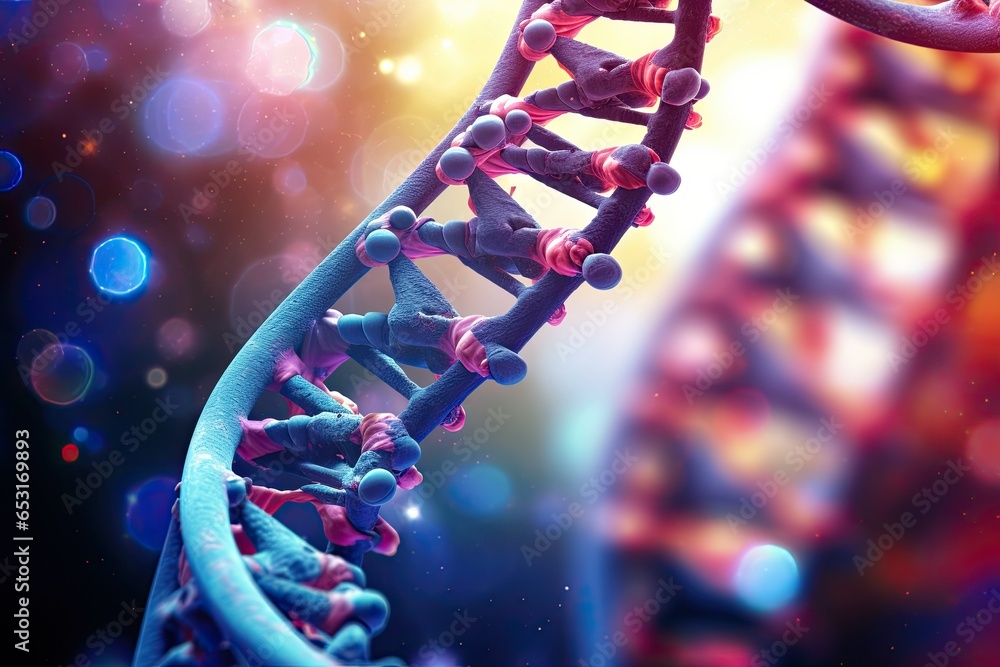 Poster 3d illustration of dna structure over colorful background with bokeh, experience the art of rna inte