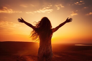 Fototapeta premium Silhouette of a woman with open arms on a sunset background, Excited girl standing and celebrating success on a sunset background, Full rear view, high hands over head, AI Generated