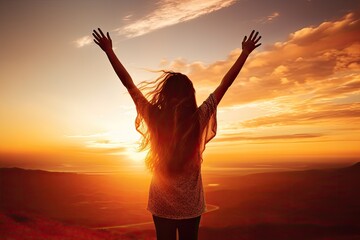 Silhouette of happy woman with raised hands over sunset sky background, Excited girl standing and celebrating success on a sunset background, Full rear view, high hands over head, AI Generated - obrazy, fototapety, plakaty