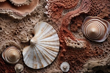 Seashells on a textured background. Top view, Experience rich textures with macro photography, showcasing intricate patterns of bark, fabric, and seashells, AI Generated