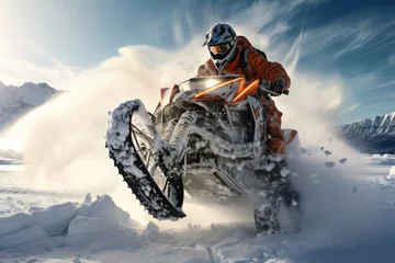 Fotobehang Man on a snowmobile in the mountains. 3d rendering, Extreme rider jumping with a snowmobile on the snow, Face covered with helmet, AI Generated © Ifti Digital
