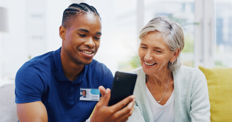 Phone, medical and a nurse talking to a patient in an assisted living facility for senior people. Healthcare, mobile and contact with a black man medicine professional chatting to a mature woman - obrazy, fototapety, plakaty