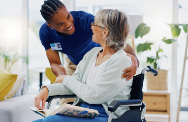Black man, caregiver or old woman in wheelchair talking or speaking in homecare rehabilitation...