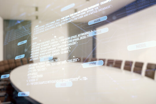 Double exposure of abstract programming language interface on a modern meeting room background, research and development concept