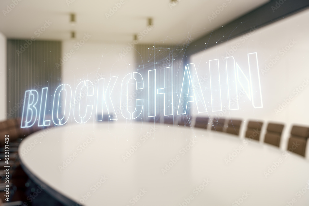 Poster abstract virtual blockchain technology hologram on a modern conference room background. digital mone