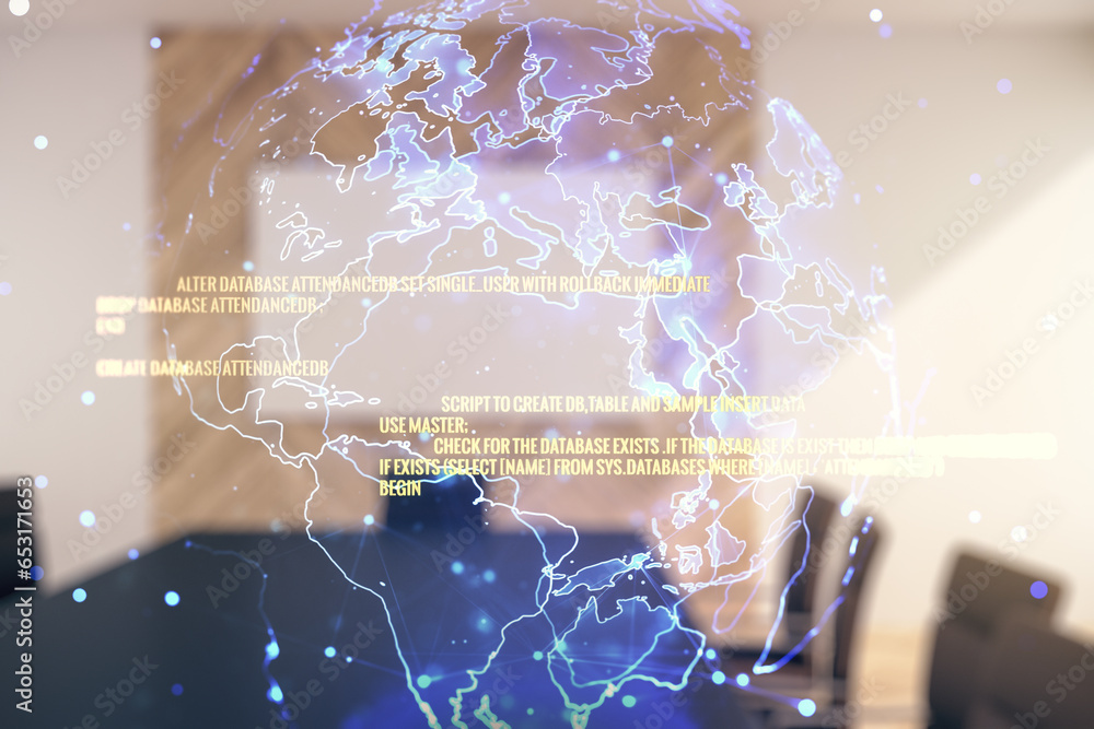 Poster multi exposure of abstract software development hologram and world map on a modern meeting room back