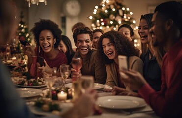 A group of friends at the festive Christmas table - obrazy, fototapety, plakaty