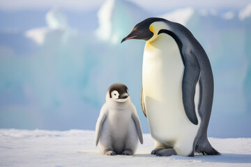 Emperor Penguin Mom With Her Baby Chick in the Polar Regions