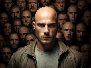 Obraz premium A photo collage of a masculine man, a male model with a bald head, illustrating the concept of hair care.