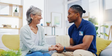 Abwaschbare Fototapete Alte Türen Black man, caregiver or old woman holding hands for support consoling or empathy in therapy. Medical healthcare advice, senior person or male nurse nursing, talking or helping elderly patient.