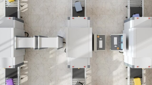High Angle View Of Airport Security Checkpoint With X-Ray Scanners Scanning Luggages