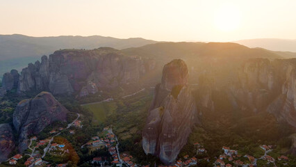 Meteora, Kalabaka, Greece. Meteora - rocks, up to 600 meters high. There are 6 active Greek Orthodox monasteries listed on the UNESCO list, Aerial View