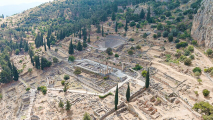 Delphi, Greece. Ruins of the ancient city of Delphi. Sunny weather, Summer, Aerial View