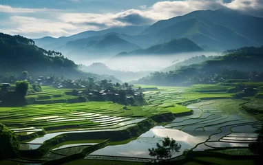 Tuinposter Terraced rice fields enter harvest season in China, aerial view © shustrilka