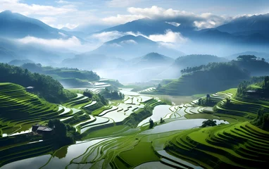 Poster Terraced rice fields enter harvest season in China, aerial view © shustrilka