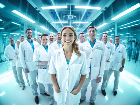 Health care and medication come to life in a commercial-style group portrait, as a group of medical staff smiles brightly in the hospital.