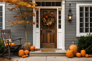 all autumn wreath on brown front door and autumn decor on front door steps