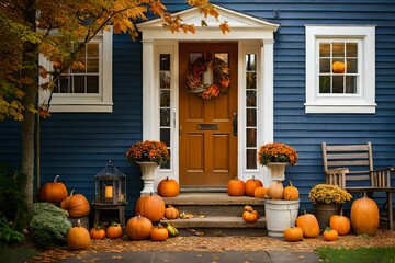 Obraz premium all autumn wreath on brown front door and autumn decor on front door steps